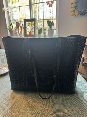 Tory Burch Black Croc-Embossed Tote with Dual Top Handles